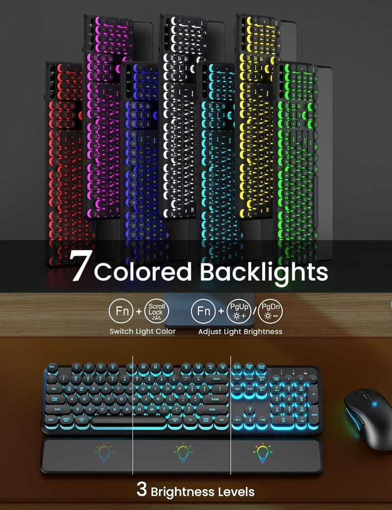 Trueque Wireless Keyboard and Mouse Backlit - Typewriter Keyboard with Magnetic Wrist Rest, Retro Round Keycaps, Light Up Letters, 2.4GHz Cordless Combo for Mac, Windows, PC, Laptop, [Upgraded] - Image 2